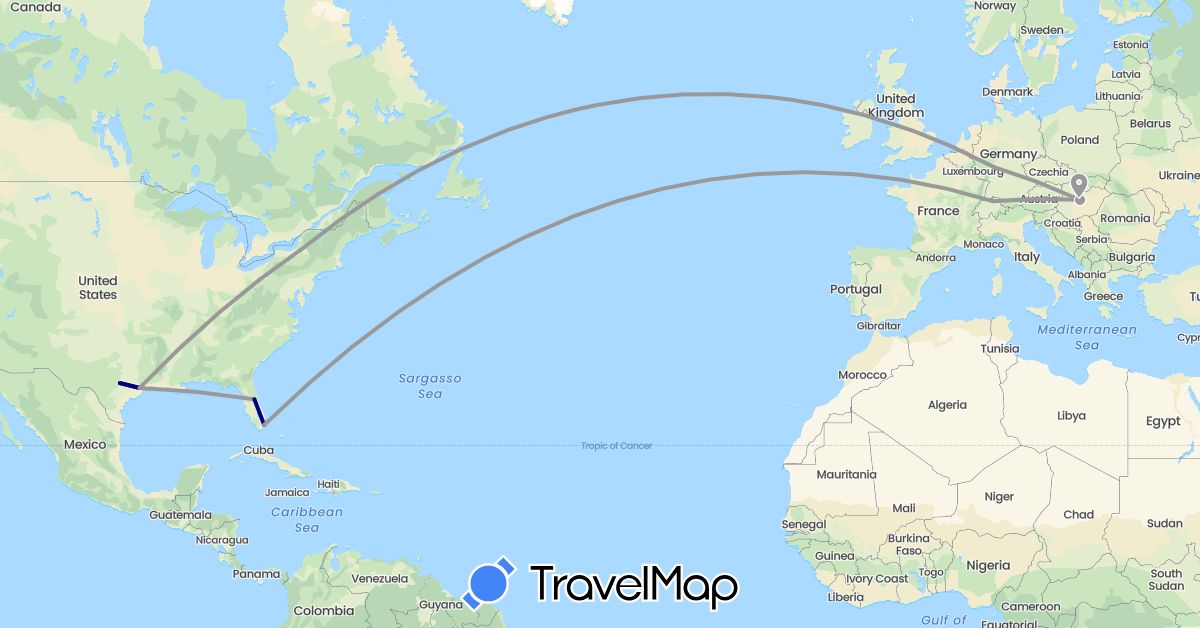 TravelMap itinerary: driving, plane in Switzerland, Germany, Hungary, United States (Europe, North America)